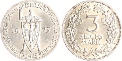 Weimarer Republik 3 Reichsmark 1925 A Rheinlande Vorzüglich MA Shops