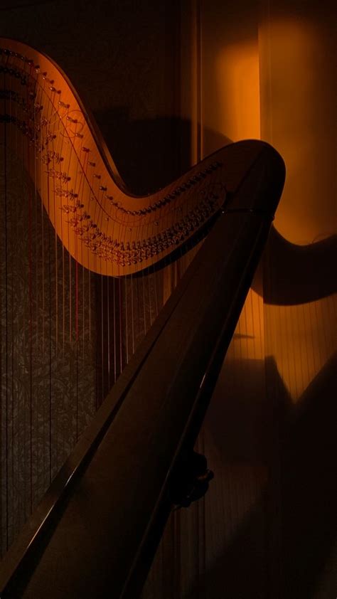 A Harp Sitting On Top Of A Wooden Floor Next To A Wall In The Dark