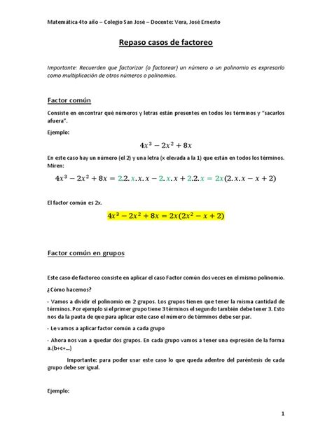 Repaso Casos De Factoreo Teoria Pdf Factorización Aritmética