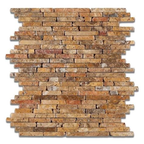 Scabos Travertine Tumbled Random Strip Mosaic Sample Travertine