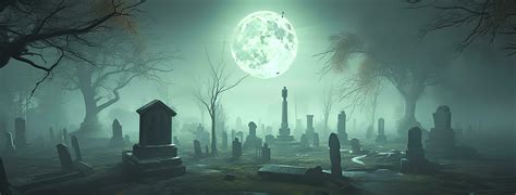 A Halloween Cemetery And Graveyard With A Full Moon In The Style Of