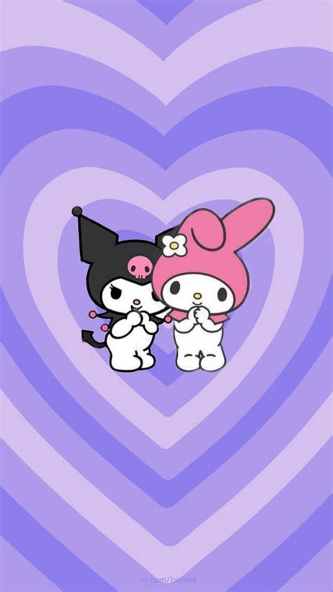 two cartoon characters standing next to each other in front of a heart shaped purple background