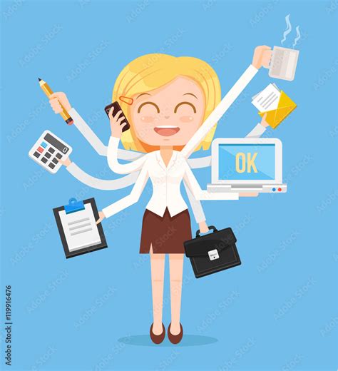 Happy office woman character. Multitasking hard work. Vector flat ...