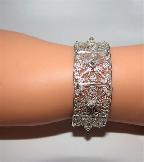 Antique Art Deco Sterling Silver Filigree Bracelet Gem