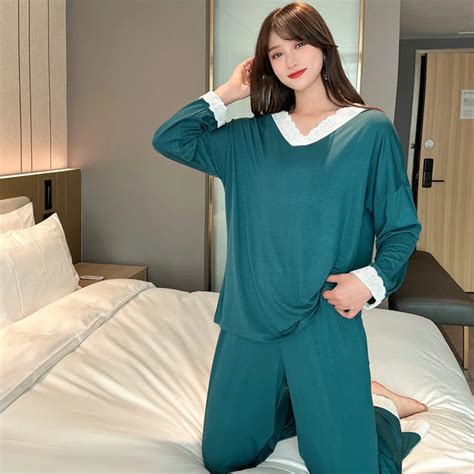 Fdfklak Lace V Neck Pajamas Set Women Thin Long Sleeve Spring Summer