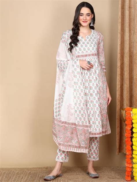 Buy Vaamsi Womens White Pure Cotton Ethnic Motifs Printed Flared Kurta