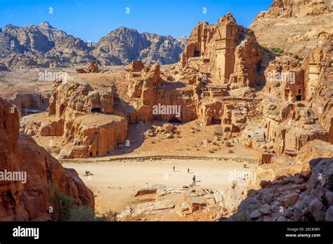 An aerial view looking down at the tombs into the Lost City of Petra ...