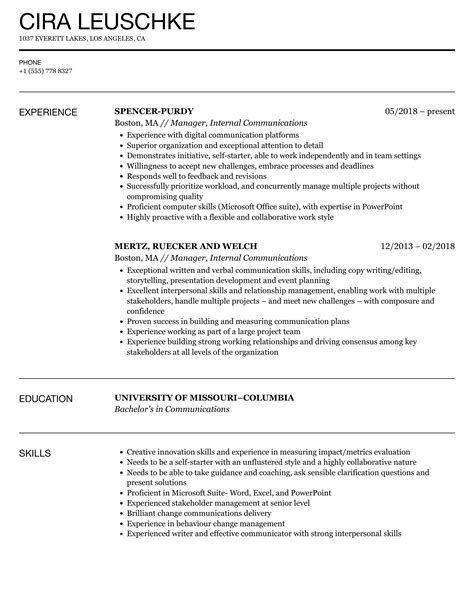 Manager Internal Communications Resume Samples Velvet Jobs