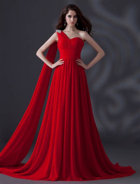 Red One Shoulder Rhinestone Lace Up Chiffon Evening Dress