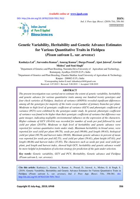 Pdf Genetic Variability Heritability And Genetic Advance Estimates