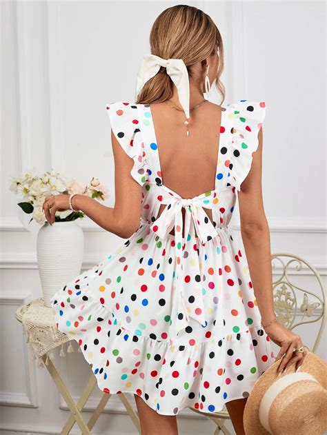 Shein Vcay Polka Dot Print Ruffle Trim Dress For Sale Australia New