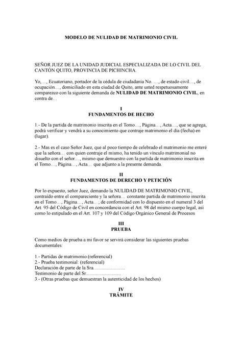 Nulidad De Matrimonio Civil MODELO DE NULIDAD DE MATRIMONIO CIVIL