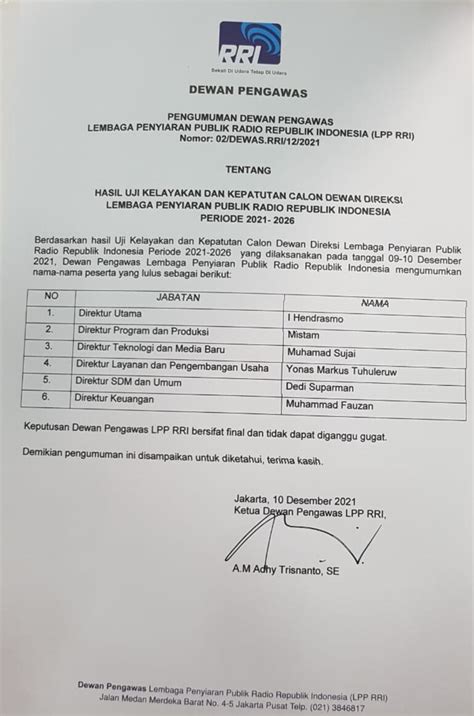 Berita Jajaran Dewan Direksi LPP RRI Periode 2021 2026 PPID LPP RRI