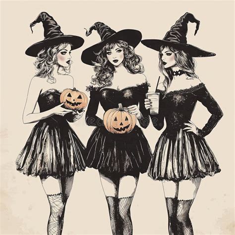 Vintage Illustration Of Witches Three Beautiful Women In Short