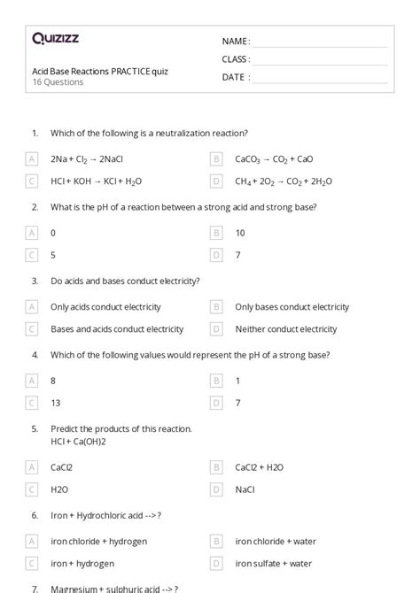 50 Acid Base Reactions Worksheets For 9th Year On Quizizz Free