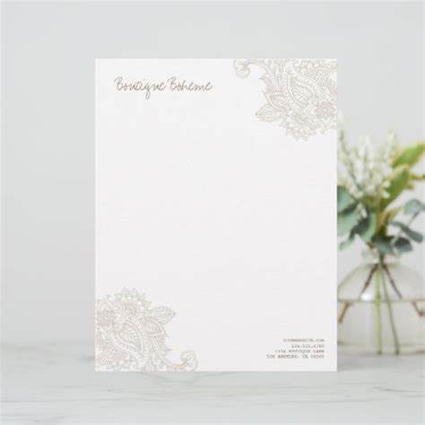 Linen Beige Illustrated Bohemian Paisley Henna Letterhead Zazzle