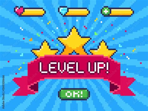 Level Up screen. Pixel video game achievement, pixels 8 bit games ui and gaming level progress ...