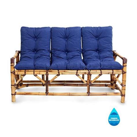 Sofá de Bambu 3 Lugares Almofadas Impermeáveis Azul Multidecor