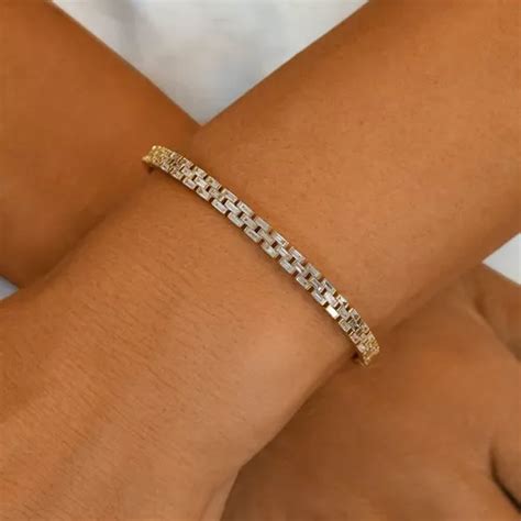 Pulseira Feminina De Ouro 18k Barra Diamantes Baguette Luxo