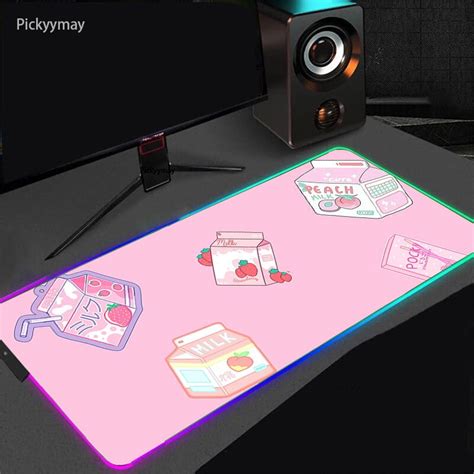 Cute Pink Strawberry Milk RGB Large Gaming Mouse Pad LED Lighting