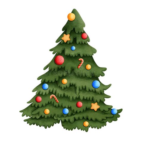 Watercolor Christmas Tree With Christmas Lights And Ornaments Clipart