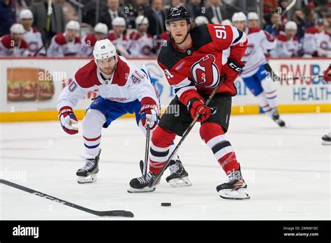 New Jersey Devils Center Dawson Mercer Plays The Puck Ahead