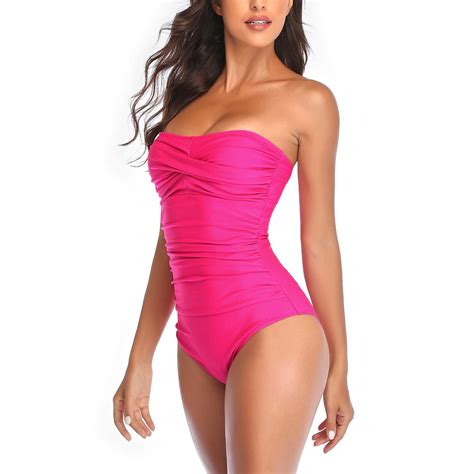 Smismivo Womens Strapless One Piece Tummy Control Swimsuit Vintage