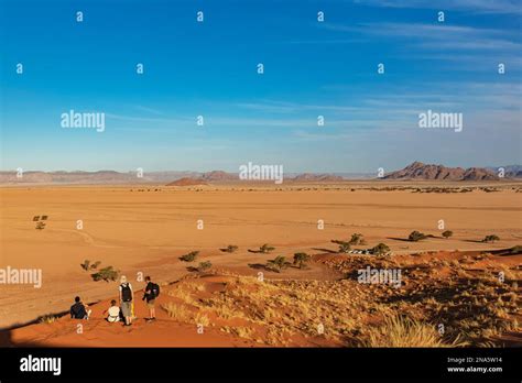 Tourists Look Out At The Desert From Elim Dune Sesriem Namib Desert