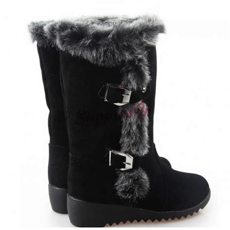 Womens Faux Fur Snow Boots Black Mid Calf Wedge Winter Boots