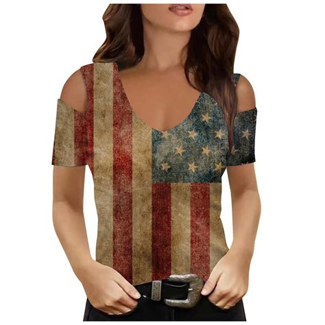 Brnmxoke USA Flag Shirt Women Off The Shoulder Top Women S American