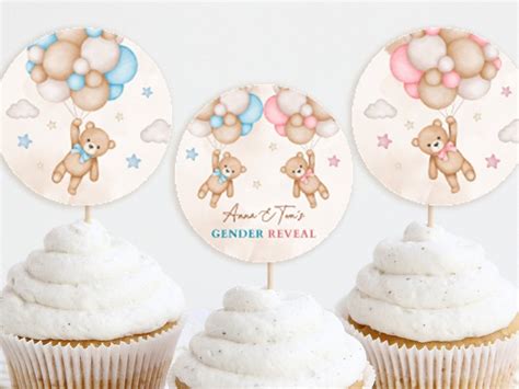 Editable Teddy Bears Cupcake Toppers Bears Balloon Gender Reveal Party Cupcake Labels Boy Or