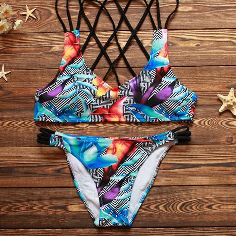 Women Sexy Bikinis Swimsuit 2017 New Print Bikini Set Cross Rope Beach