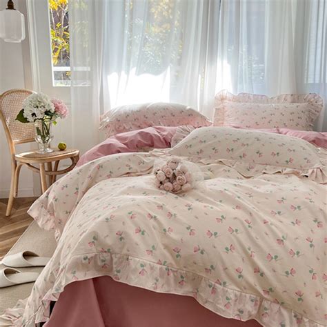 Pink Floral 100 Cotton Duvet Cover Setprincess Ruffle Style Etsy