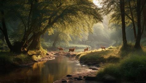 Tranquil Deer Grazing In Misty Forest Meadow Generated By Ai Stock