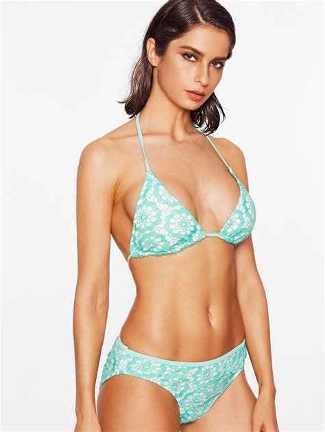 Shop Flower Pattern Side Tie Triangle Bikini Set Online Shein Offers Flower Pattern Side Tie