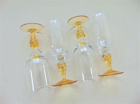 Port Glasses Amber Stem Set Of Four Barley Twist Design Vintage Drinking Bar Ware Port Glasses