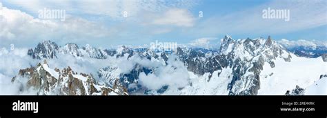 Mont Blanc Mountain Massif Summer Panorama View From Aiguille Du Midi