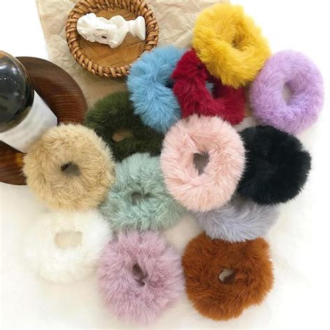 1pc Fluffy Faux Fur Furry Scrunchies Soft Hand Made Fur Elastic Hair