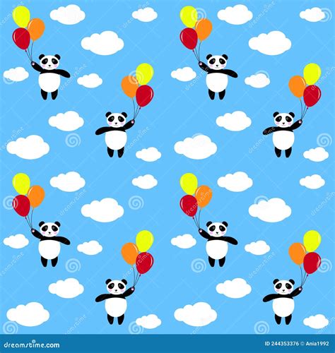 Panda Seamless Background Happy Cute Panda Is Flying With Balloons In