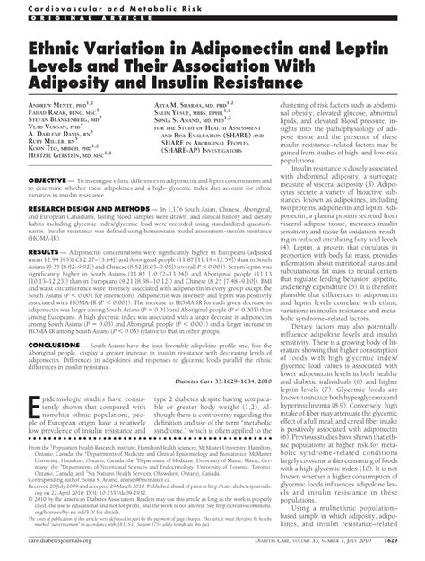 Pdf Ethnic Variation In Adiponectin And Leptin Levels And Their