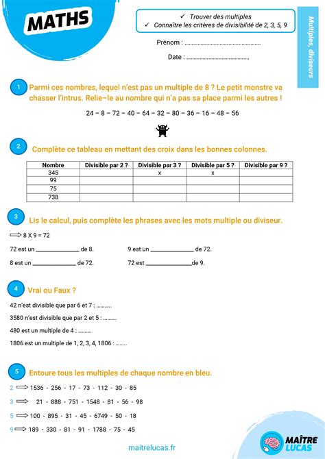 Exercices Multiples Et Diviseurs Cm Cm Ma Tre Lucas