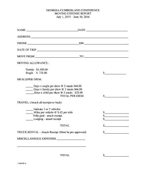 Fillable Online Moving Expense Form Georgia Cumberland Conference Fax