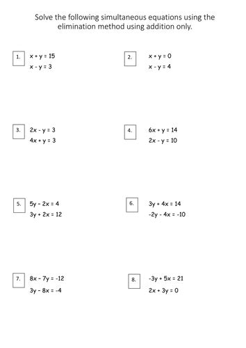 Simultaneous Equations Elimination Worksheet