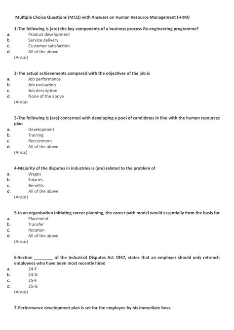 MCQ HRM A B C D A B C D A B C D A B C D Multiple