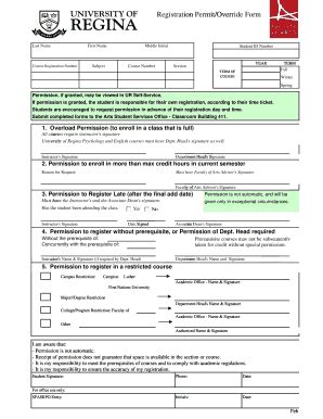 Fillable Online Uregina Registration Permit Override Form University