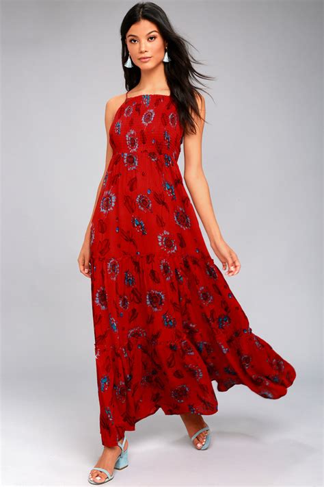 Free People Garden Party Dress Red Floral Print Maxi Dress Tiered Maxi Dress Lulus