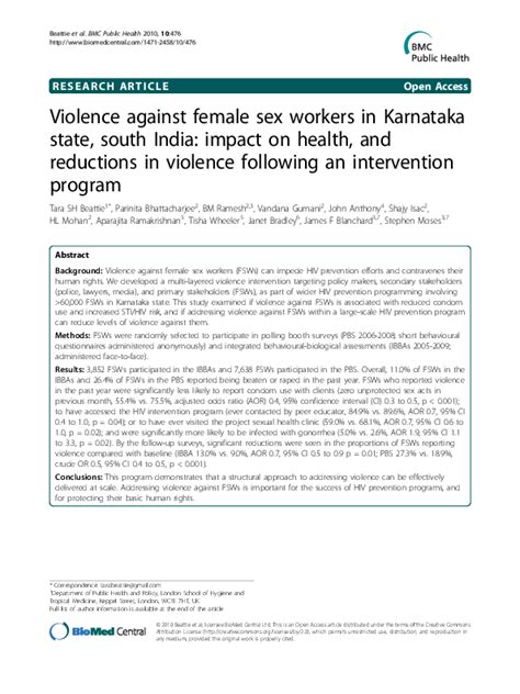 Pdf Violence Against Female Sex Workers In Karnataka State South India Impact On Health And