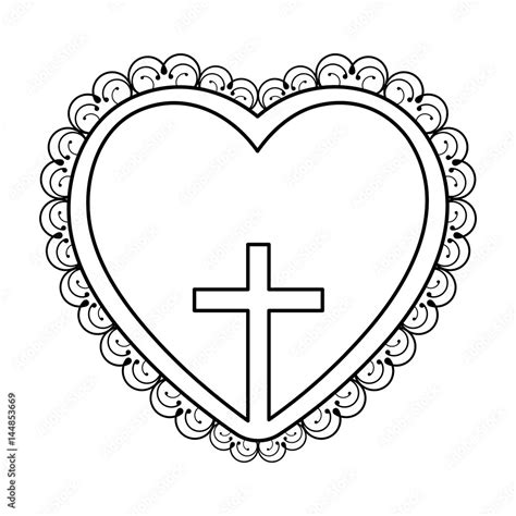 silhouette heart decorative frame with small wooden cross inside vector ...