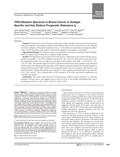 Pdf Tp53 Mutation Spectrum In Breast Cancer Is Subtype Specific And