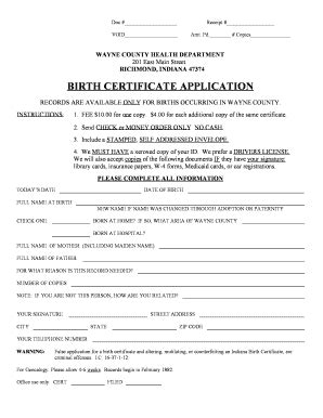 Fillable Online Birth Certificate Application Co Wayne In Us Fax